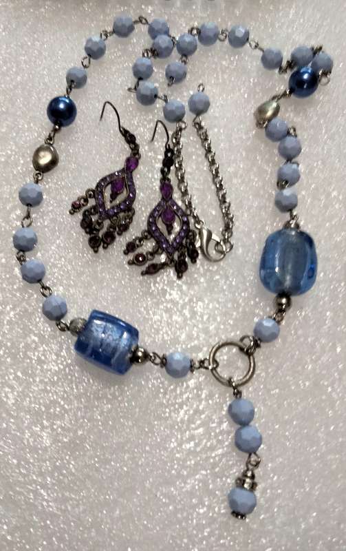 NECKLACE Italian glass foil lampwork 2 Big Blue+Synthetic+earrings LOOK at my BUY NOW - NO WAITING