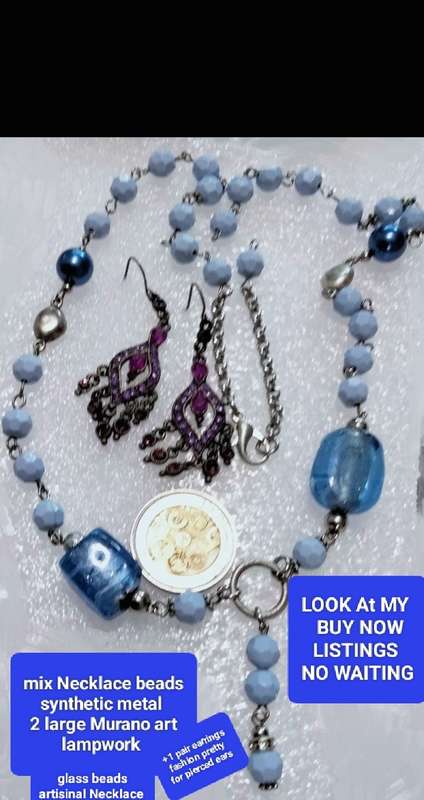 NECKLACE Italian glass foil lampwork 2 Big Blue+Synthetic+earrings LOOK at my BUY NOW - NO WAITING