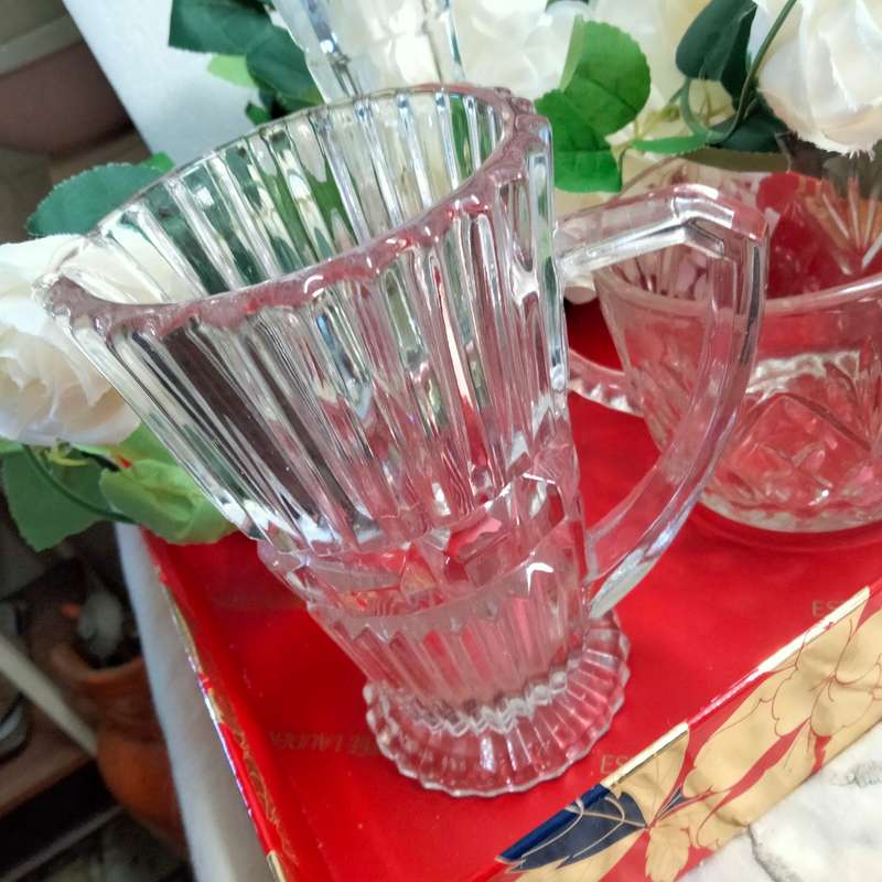 JUG England diamond cut ribbed Art deco-1 Crystal d Arques Vase chip- Double handle bowl itsy crack