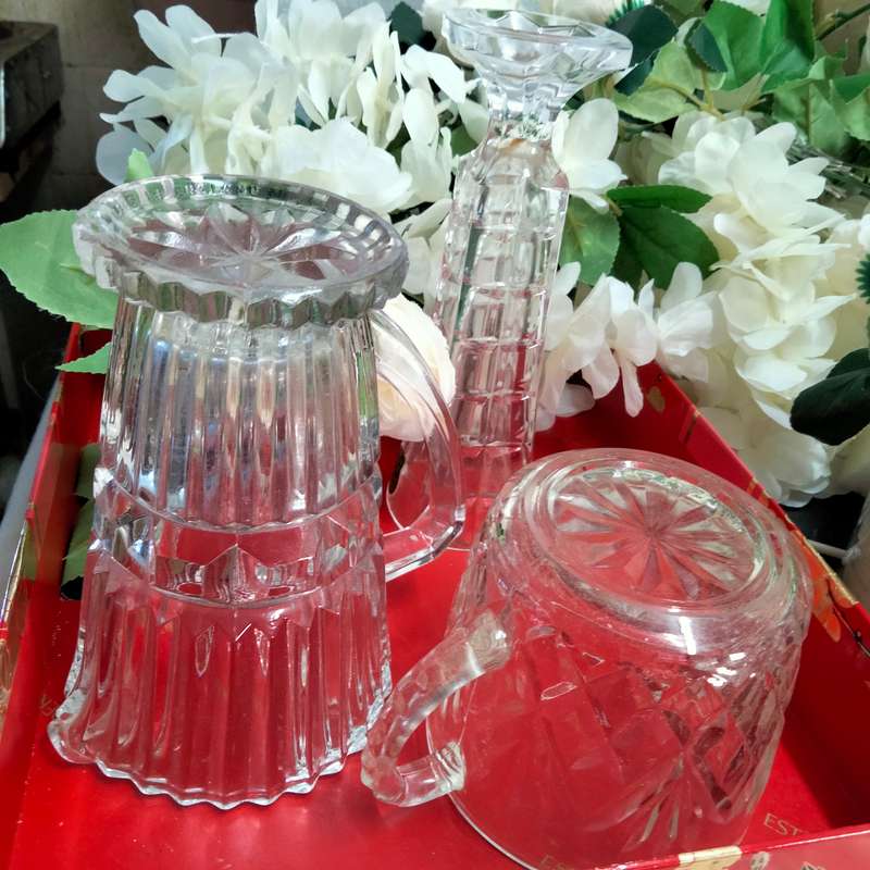 JUG England diamond cut ribbed Art deco-1 Crystal d Arques Vase chip- Double handle bowl itsy crack