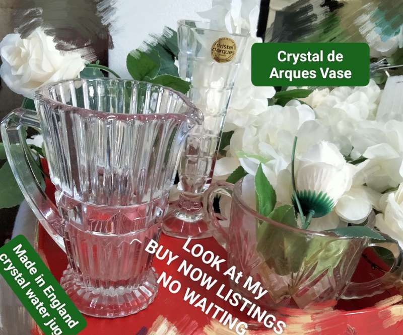 JUG England diamond cut ribbed Art deco-1 Crystal d Arques Vase chip- Double handle bowl itsy crack