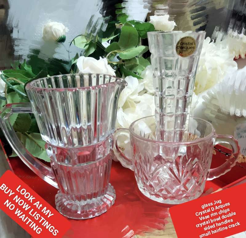 JUG England diamond cut ribbed Art deco-1 Crystal d Arques Vase chip- Double handle bowl itsy crack