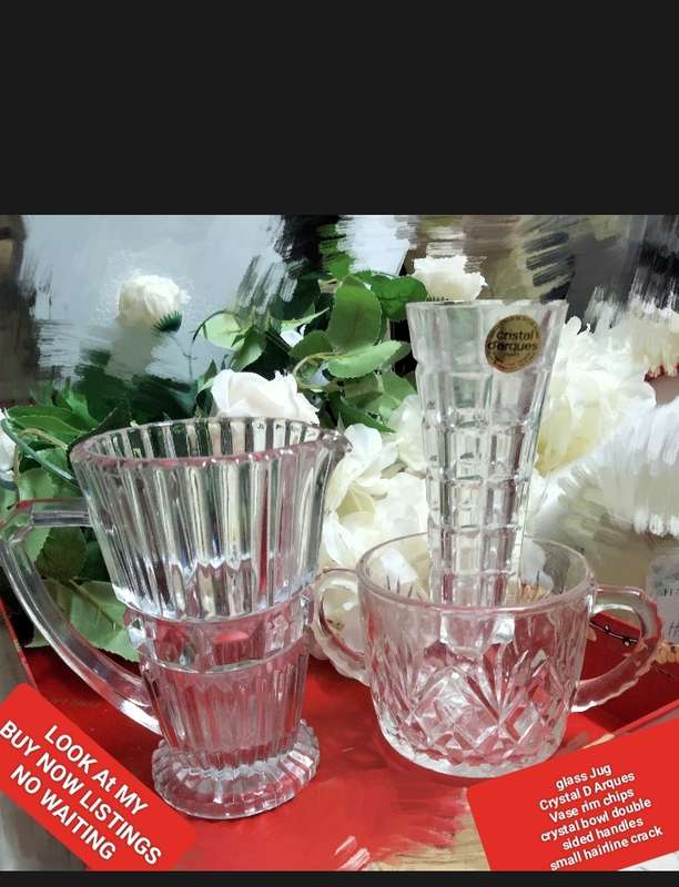 JUG England diamond cut ribbed Art deco-1 Crystal d Arques Vase chip- Double handle bowl itsy crack