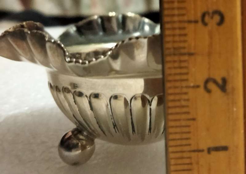 3 Silver plate open Salts - Cauldron bun feet  Scalloped Serated top - small - Inner verdigris