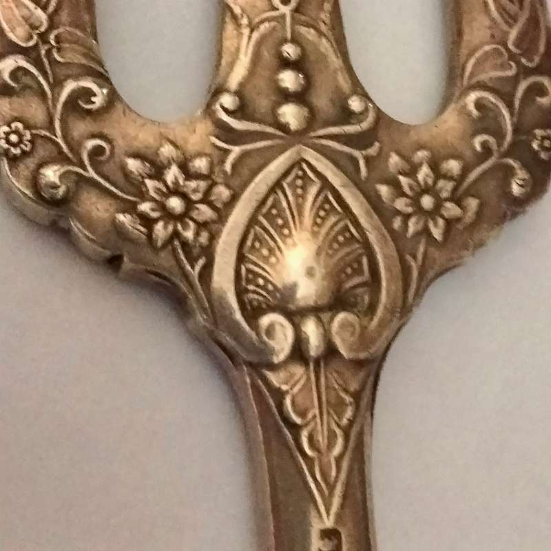 ANTIQUE STERLING SILVER 1800 clear Hallmarked Meat Serving fork intricately Embossed - ring handle