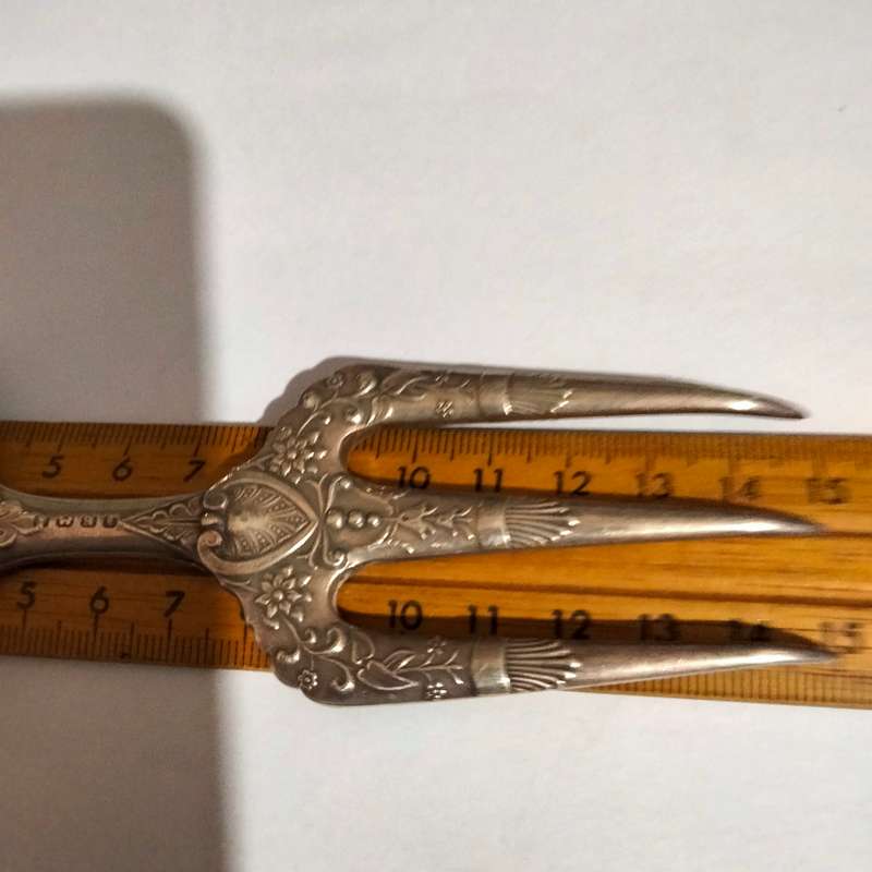 ANTIQUE STERLING SILVER 1800 clear Hallmarked Meat Serving fork intricately Embossed - ring handle