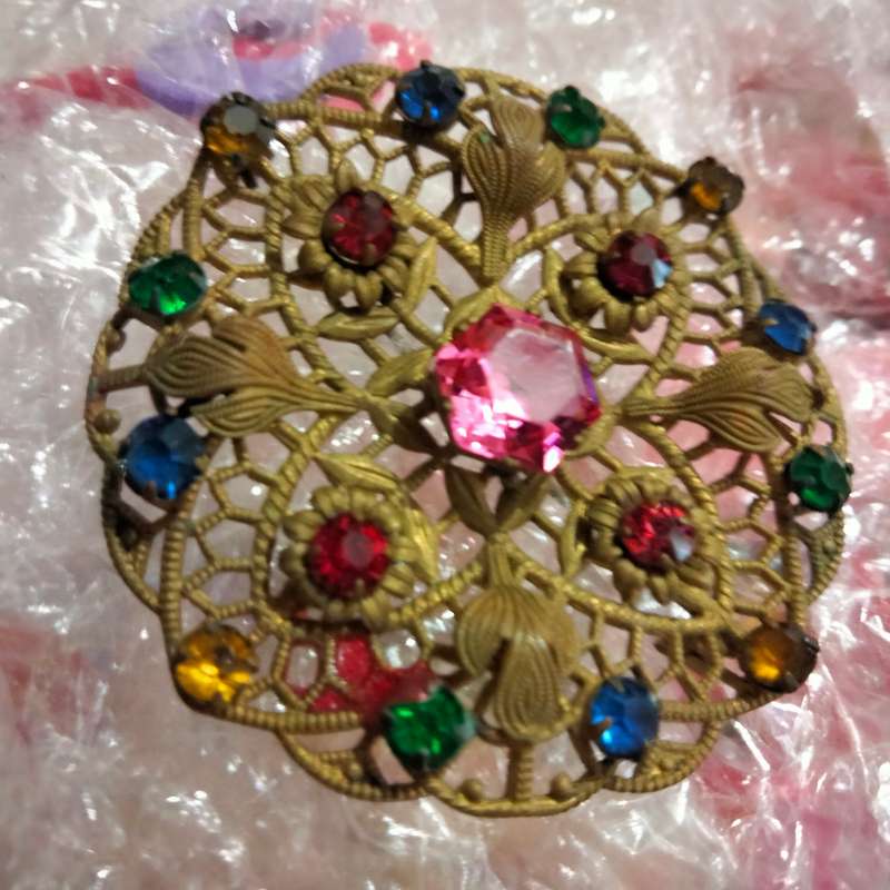 Brooch - Czechoslavakian Filigree gilt metal Rhinestones Pink central smaller green blue red amber