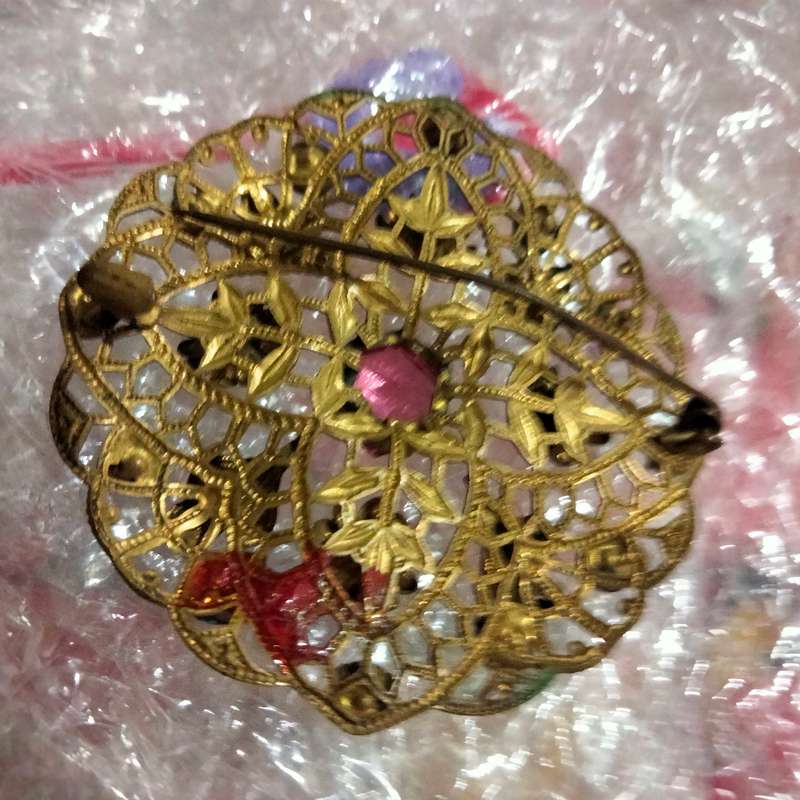 Brooch - Czechoslavakian Filigree gilt metal Rhinestones Pink central smaller green blue red amber