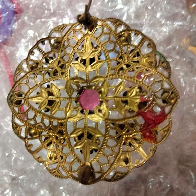 Brooch - Czechoslavakian Filigree gilt metal Rhinestones Pink central smaller green blue red amber