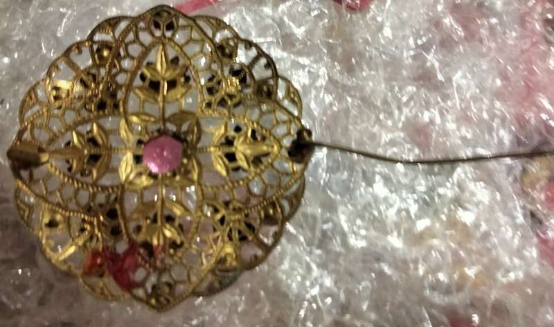 Brooch - Czechoslavakian Filigree gilt metal Rhinestones Pink central smaller green blue red amber