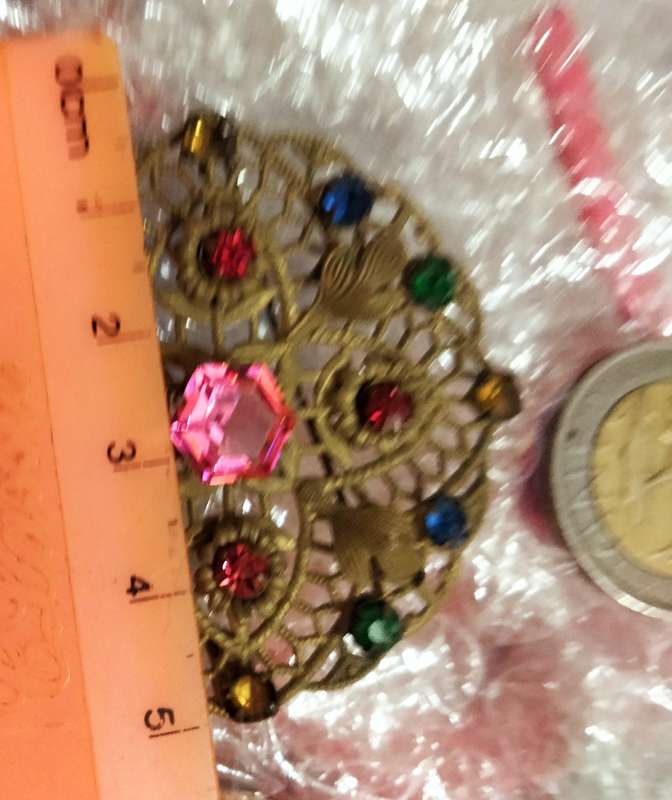 Brooch - Czechoslavakian Filigree gilt metal Rhinestones Pink central smaller green blue red amber