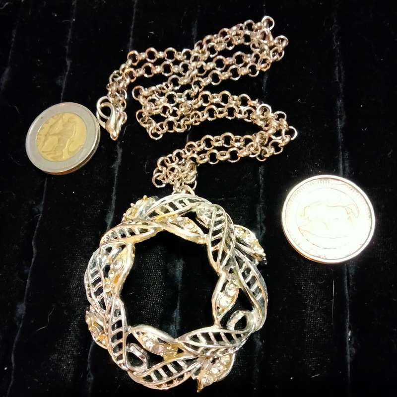 Necklace WREATH Celtic knot  Circle  leaves cut out+Rhinestones ADDED  modern belcher chain
