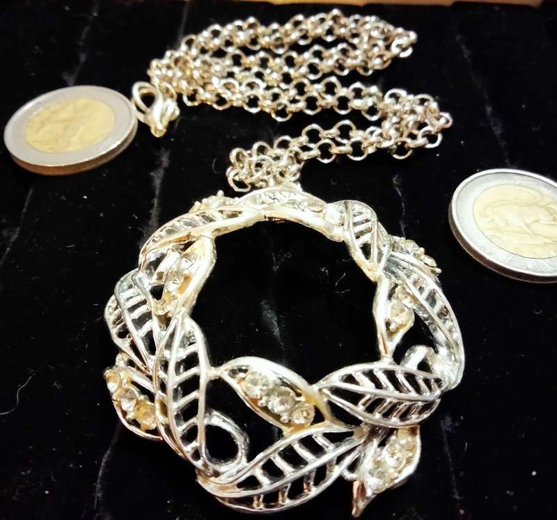 Necklace WREATH Celtic knot  Circle  leaves cut out+Rhinestones ADDED  modern belcher chain