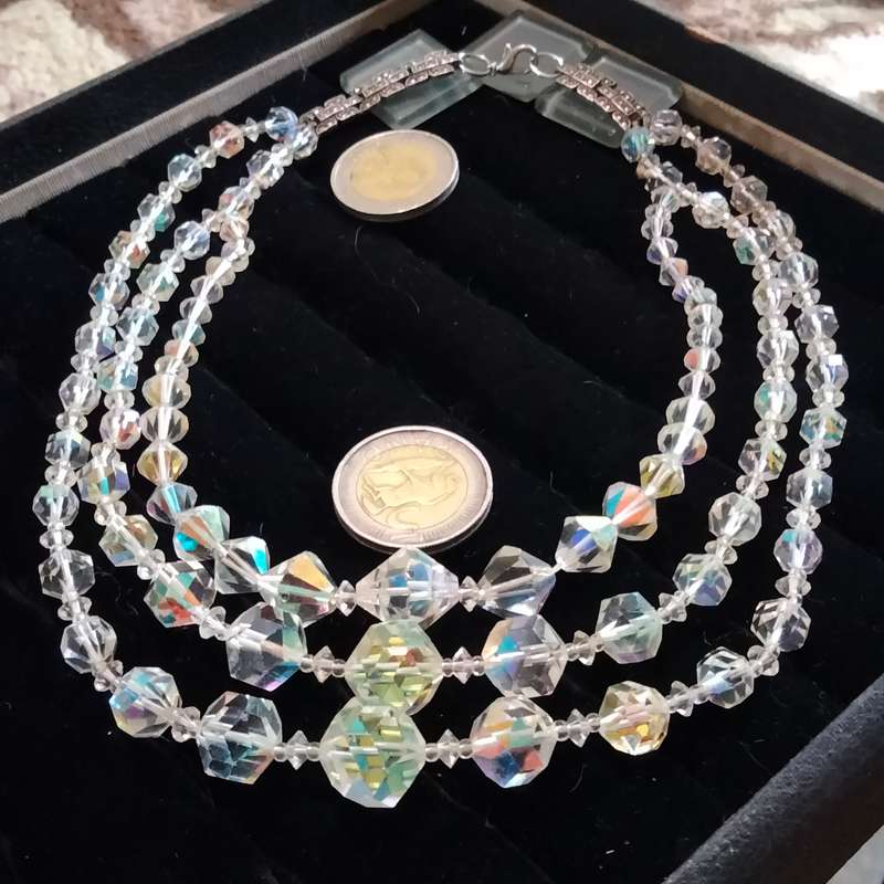 Necklace  - Aurora borealis 3 strand graduating CRYSTAL Mix Sizes Styles Clasp Marcasite Artisinal