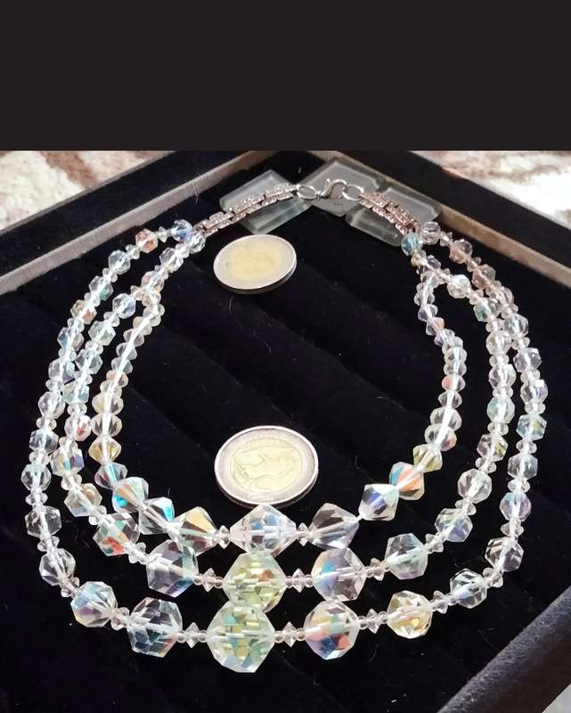 Necklace  - Aurora borealis 3 strand graduating CRYSTAL Mix Sizes Styles Clasp Marcasite Artisinal