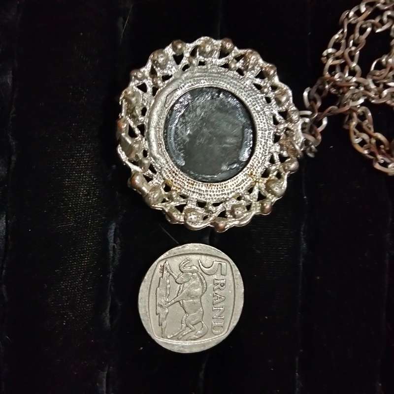 Necklace -Vtg West Germany Cameo Pendant Crystals composite + Silver tone chain