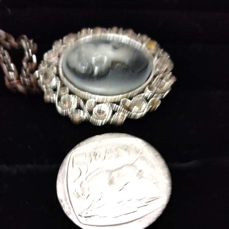 Necklace -Vtg West Germany Cameo Pendant Crystals composite + Silver tone chain