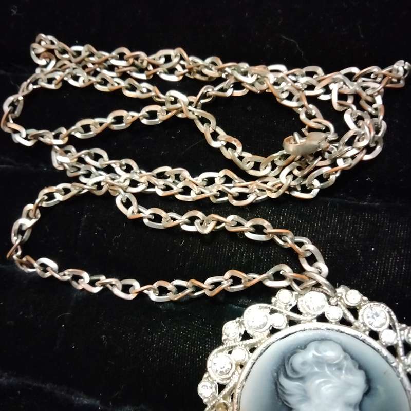 Necklace -Vtg West Germany Cameo Pendant Crystals composite + Silver tone chain