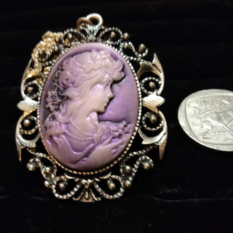 Necklace - Cameo Pendant composite West Germany + Silver tone metal chain