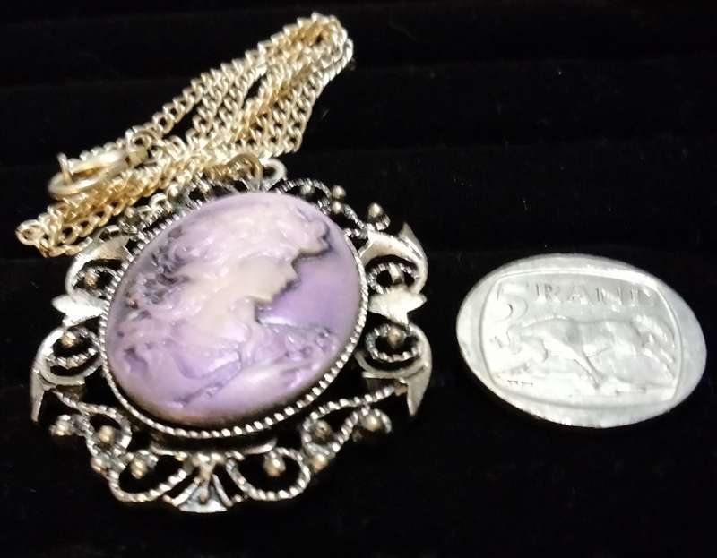 Necklace - Cameo Pendant composite West Germany + Silver tone metal chain