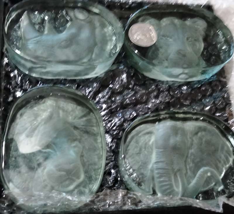 Set 4 Paperweight - heavy Glass Cast Sandblasted Projected in 3D to front