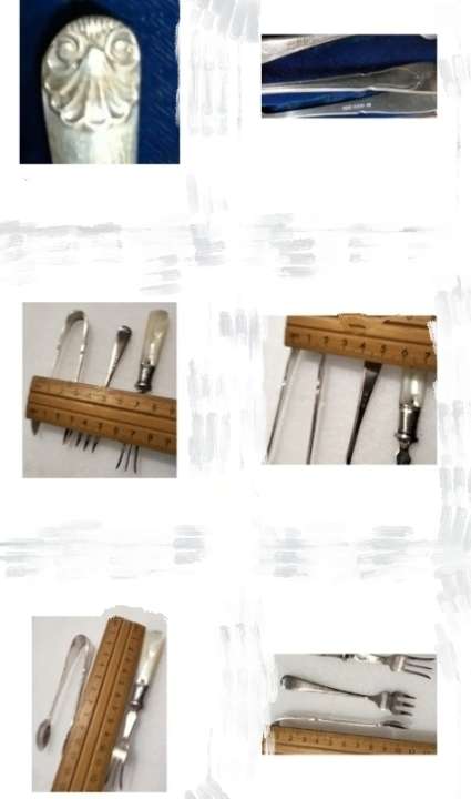 3 EPNS dinner table items 1 sugar Nips +2 pickle Forks1 MOP handle+Box for 1 bid