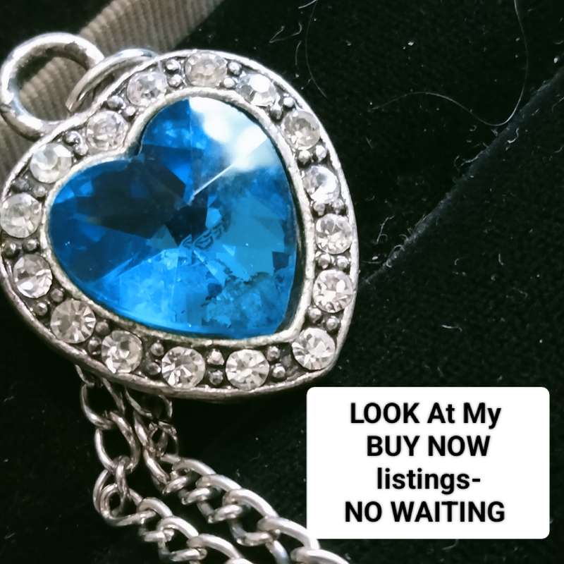 Necklace -Heart Blue simulated Topaz+Crystals+marcasite + Silver tone chain - anomaly LOOK