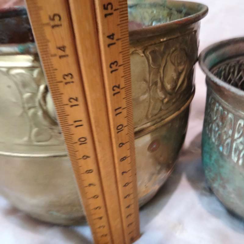 2 BRASS VASE/Planter embossed 1 STYLE  SCOTISH  ART &CRAFTS BROAD REPOUSSE DECOR HAS BAND OF ROSES