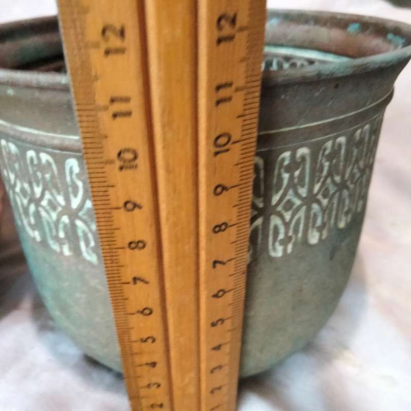 2 BRASS VASE/Planter embossed 1 STYLE  SCOTISH  ART &CRAFTS BROAD REPOUSSE DECOR HAS BAND OF ROSES