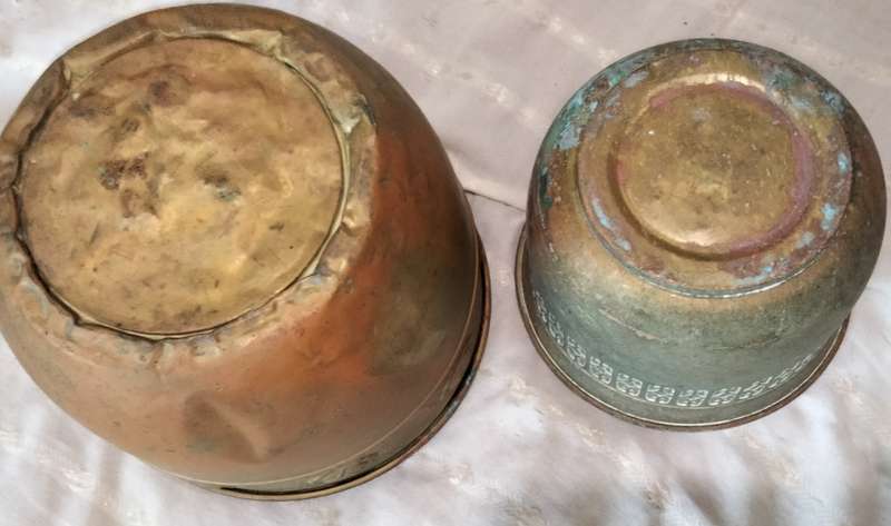 2 BRASS VASE/Planter embossed 1 STYLE  SCOTISH  ART &CRAFTS BROAD REPOUSSE DECOR HAS BAND OF ROSES