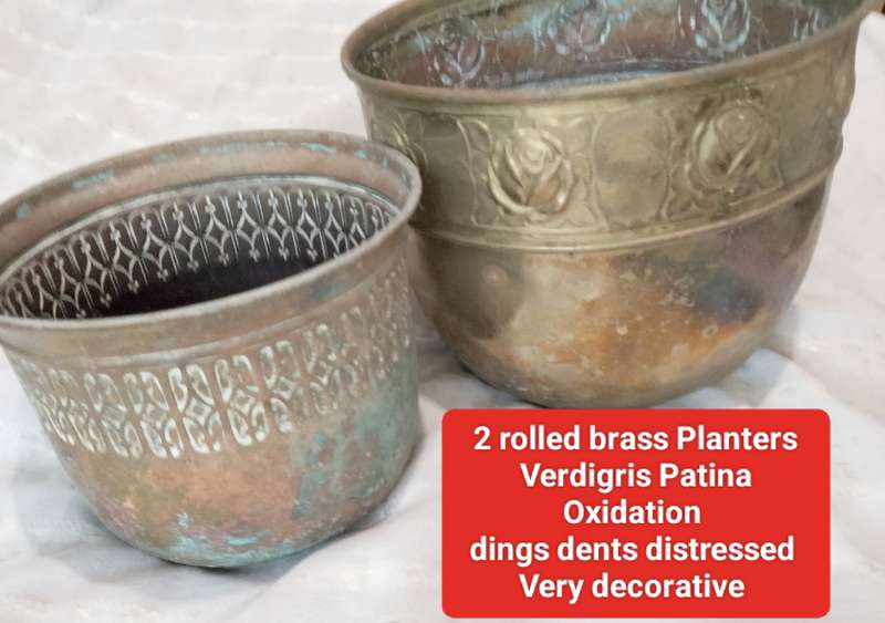 2 BRASS VASE/Planter embossed 1 STYLE  SCOTISH  ART &CRAFTS BROAD REPOUSSE DECOR HAS BAND OF ROSES