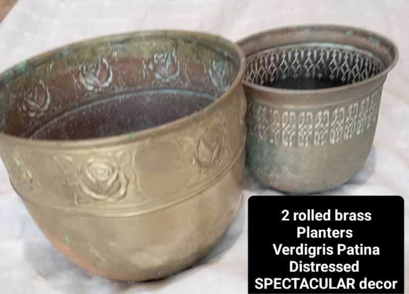 2 BRASS VASE/Planter embossed 1 STYLE  SCOTISH  ART &CRAFTS BROAD REPOUSSE DECOR HAS BAND OF ROSES