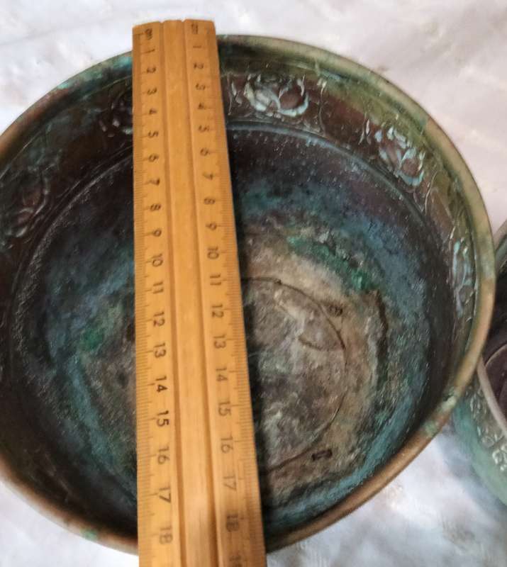 2 BRASS VASE/Planter embossed 1 STYLE  SCOTISH  ART &CRAFTS BROAD REPOUSSE DECOR HAS BAND OF ROSES