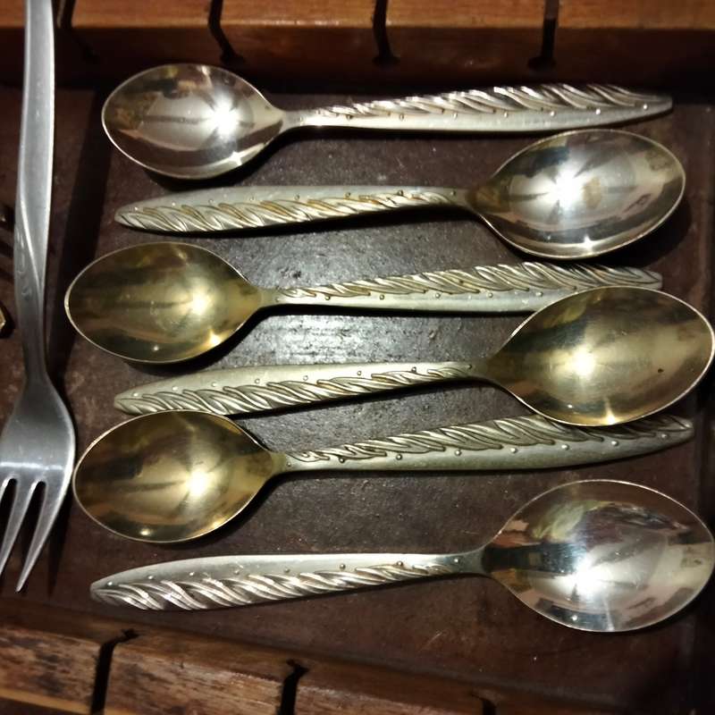 14 Items-6 Tspoons-5 Cake Forks-1 fork-1 COPPER Sugar bowl  blue Coal Scuttle Wood cake fork stand