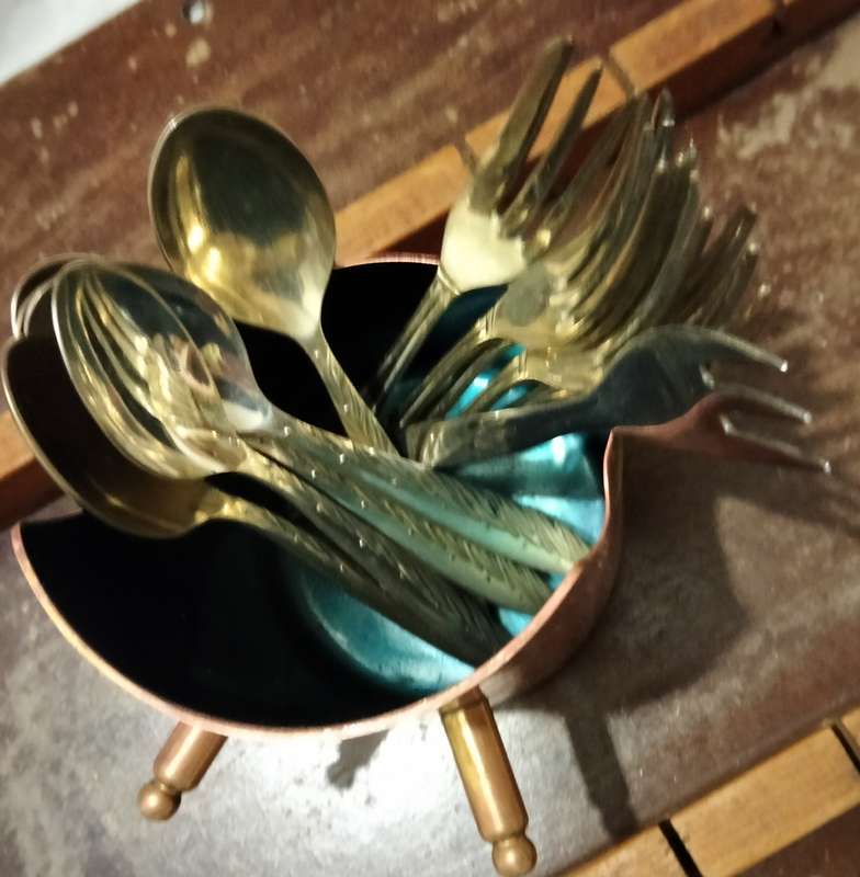14 Items-6 Tspoons-5 Cake Forks-1 fork-1 COPPER Sugar bowl  blue Coal Scuttle Wood cake fork stand