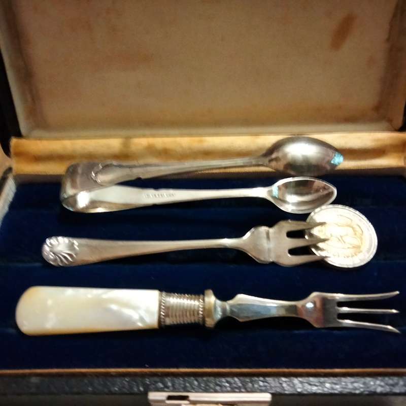 3 EPNS dinner table items 1 sugar Nips +2 pickle Forks1 MOP handle+Box for 1 bid