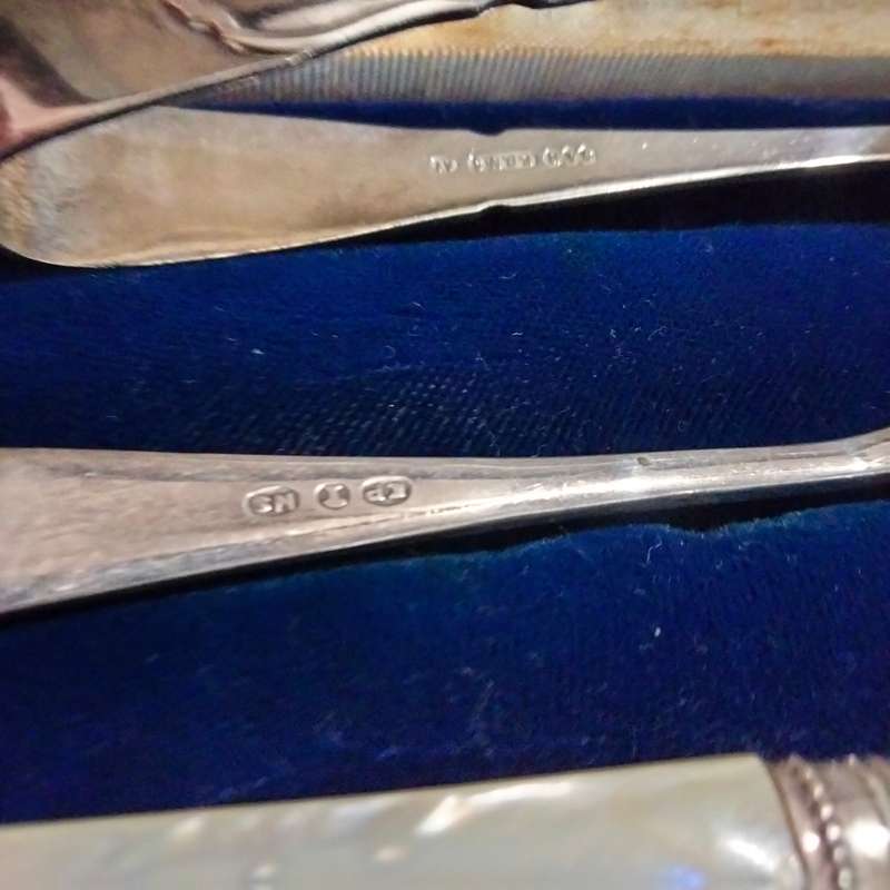3 EPNS dinner table items 1 sugar Nips +2 pickle Forks1 MOP handle+Box for 1 bid