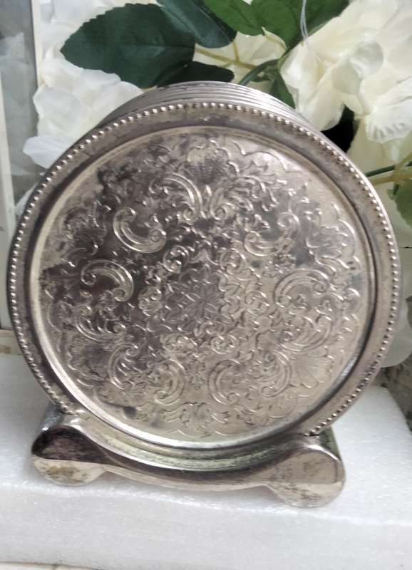 IANTHE silver plated -6 Drip Coasters+Stand-England LOOK at my BUY NOW listings NO WAITING Waiting