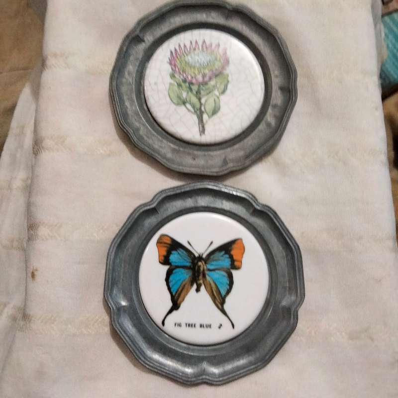 Pewter+tile 3 Drip Coasters Protea+butterfly+Flowers +LOOK at my BUY NOW listings NO WAITING