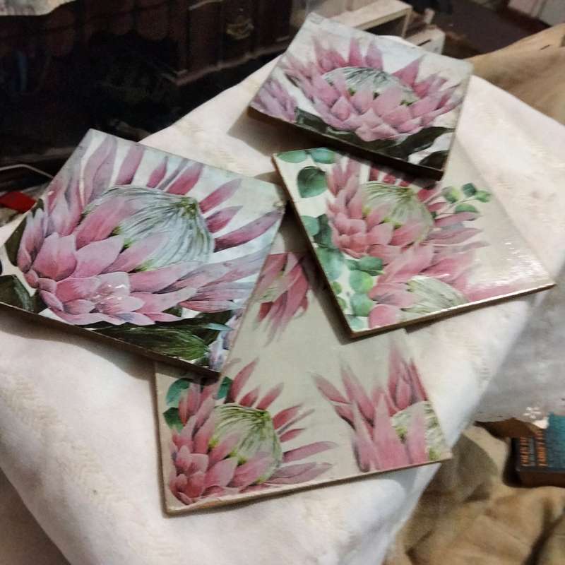 Pewter+tile 3 Drip Coasters Protea+butterfly+Flowers +LOOK at my BUY NOW listings NO WAITING