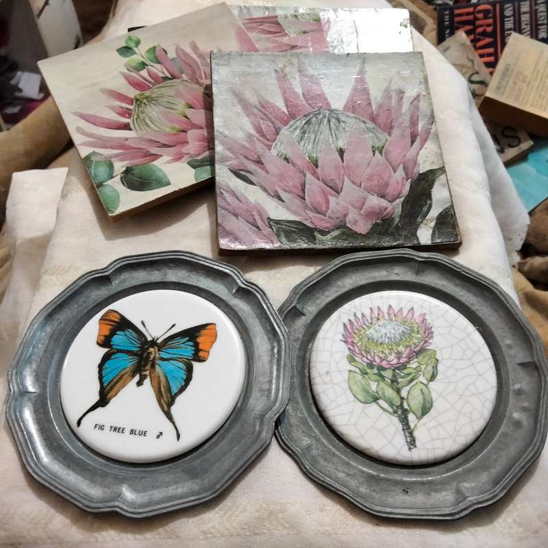 Pewter+tile 3 Drip Coasters Protea+butterfly+Flowers +LOOK at my BUY NOW listings NO WAITING