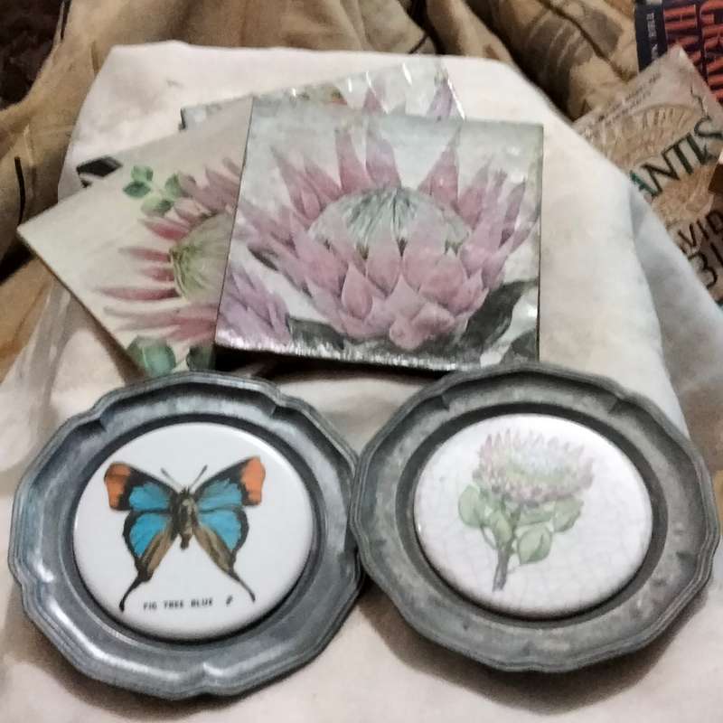 Pewter+tile 3 Drip Coasters Protea+butterfly+Flowers +LOOK at my BUY NOW listings NO WAITING