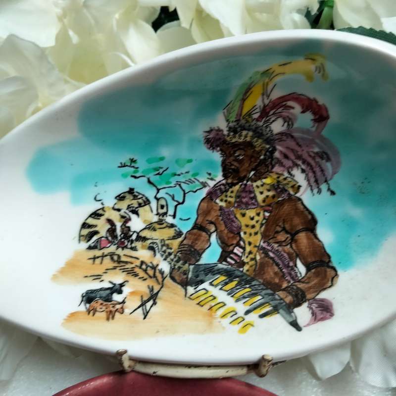 2 Ashtrays  - Van hunks Hand painted S.A. tribal scene+ One has East London on