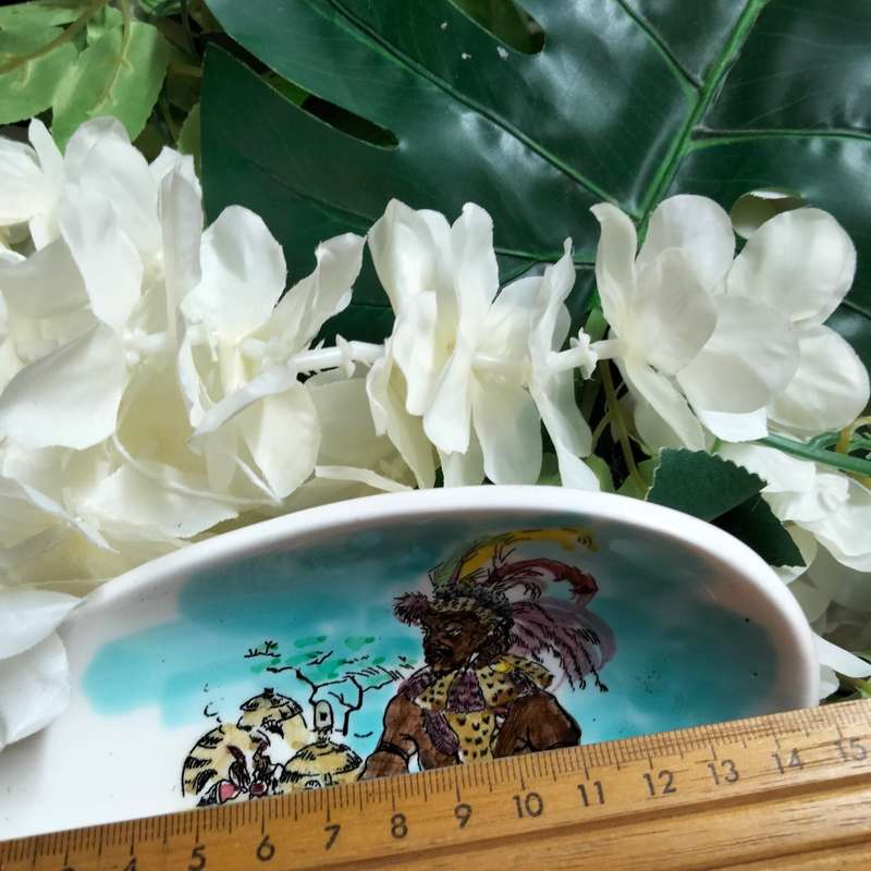 2 Ashtrays  - Van hunks Hand painted S.A. tribal scene+ One has East London on