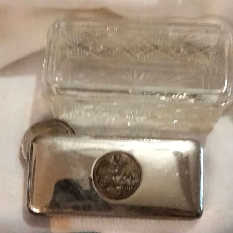Antique 1900Glass trinket Box English Hobdaisy diamond cut Silver tone metal lid brass chariot scene