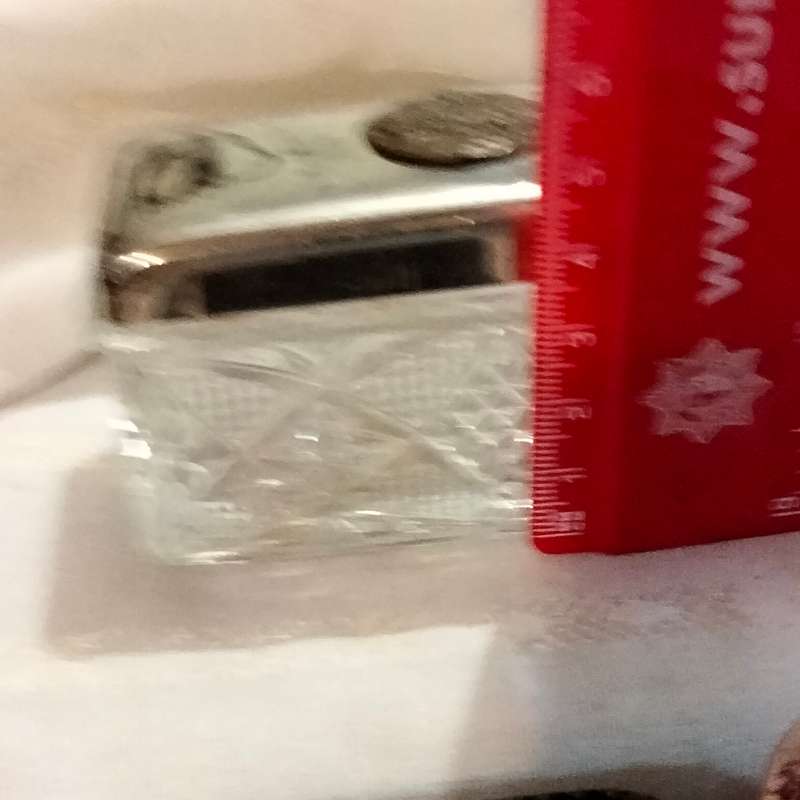 Antique 1900Glass trinket Box English Hobdaisy diamond cut Silver tone metal lid brass chariot scene