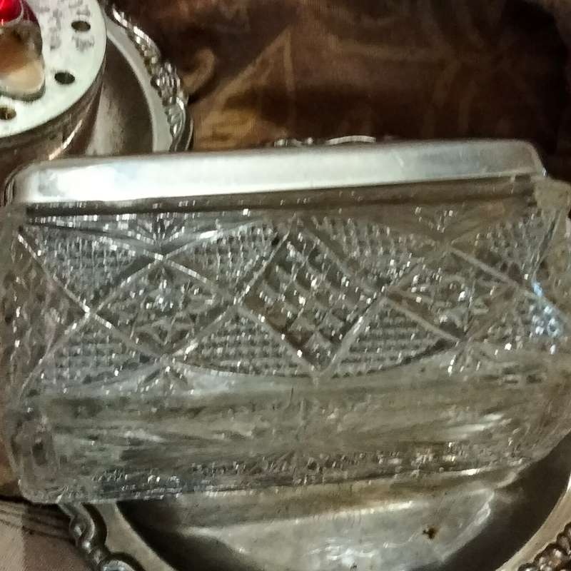 Antique 1900Glass trinket Box English Hobdaisy diamond cut Silver tone metal lid brass chariot scene