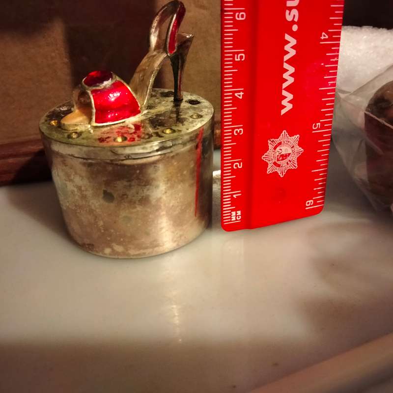 1 Trinket or Pill Box- Red stiletto Shoe + Sparkly crystals on lid -top showing ware