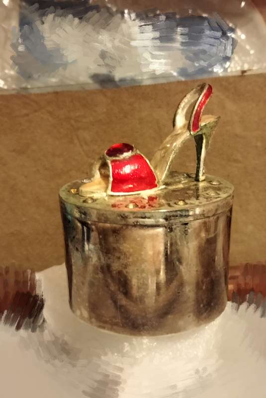 1 Trinket or Pill Box- Red stiletto Shoe + Sparkly crystals on lid -top showing ware