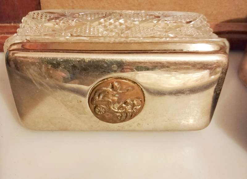 Antique 1900Glass trinket Box English Hobdaisy diamond cut Silver tone metal lid brass chariot scene